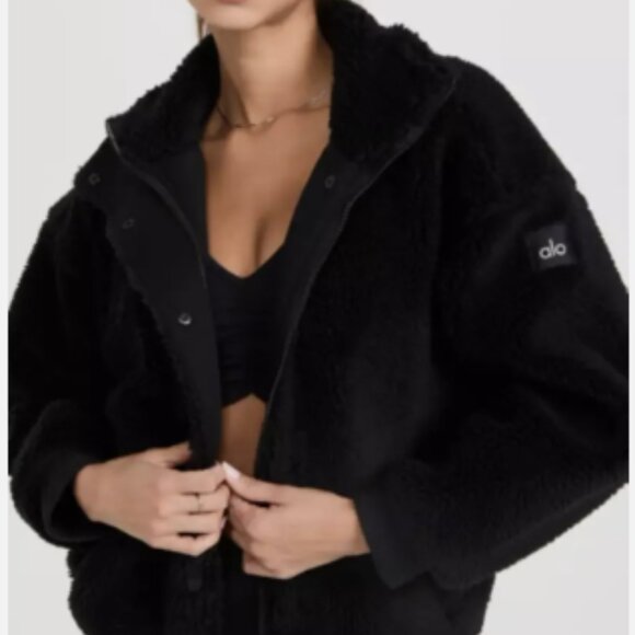 SOLD -  Yoga Varsity Sherpa Jacket Coat Black - Picture 1 of 3